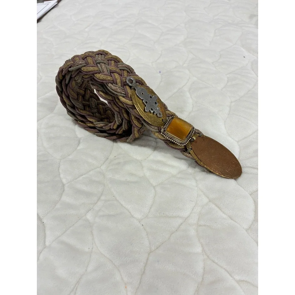 Vintage Braided Woven Belt with Decorative Stones and Metal Accents Boho Style‎